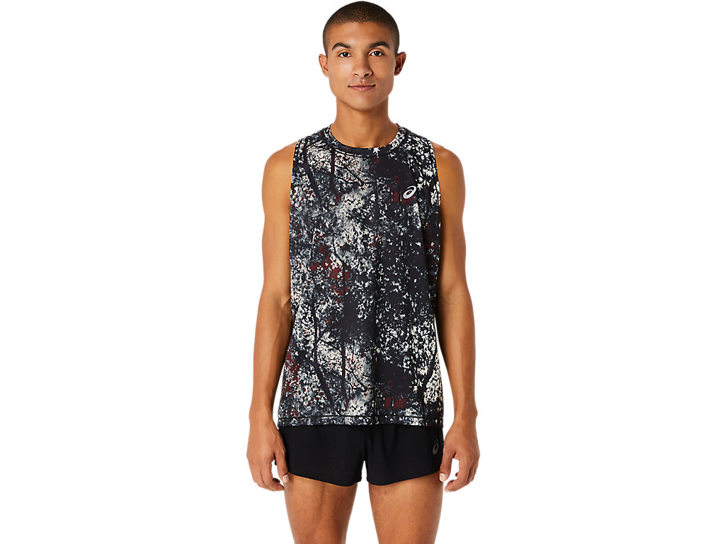 ASICS ALL OVER PRINT SINGLET, PERFORMANCE BLACK/ANTIQUE RED, swatch