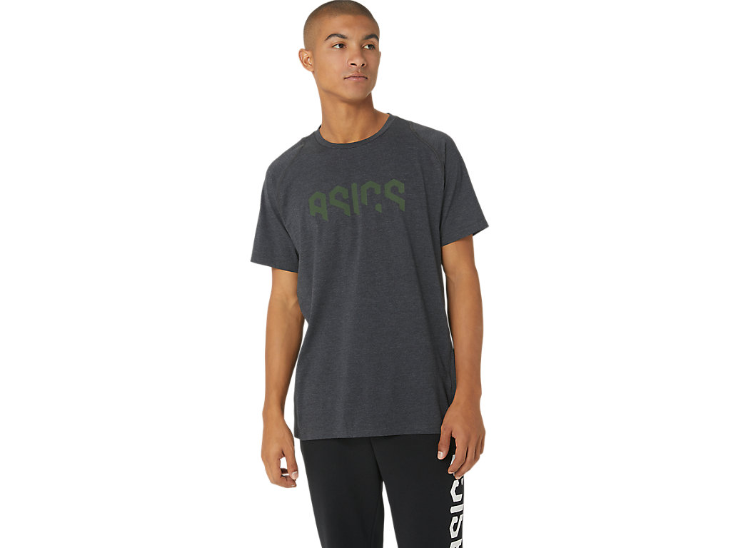 ASICS HEX GRAPHIC COTTON BLEND SS TOP, PERFORMANCE BLACK HEATHER/S.GREEN, swatch