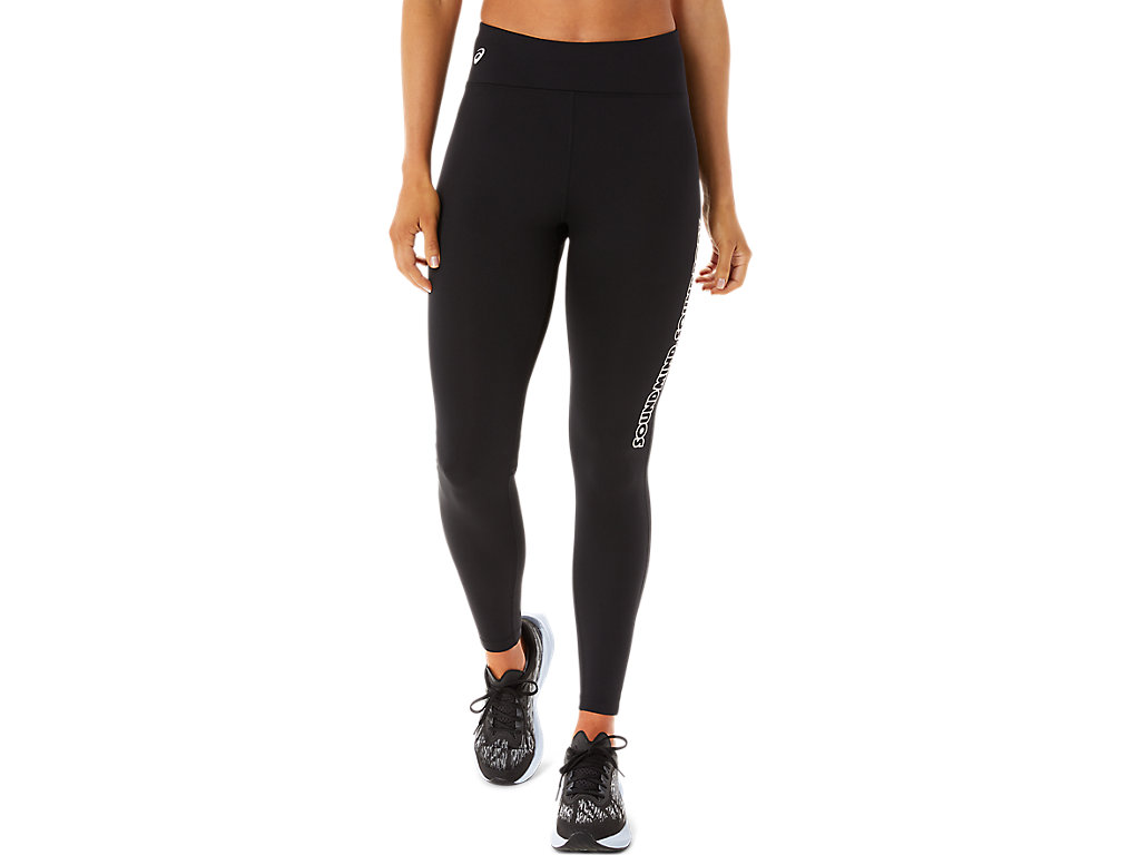 ASICS WOMEN LOGO GRAPHIC TIGHT, PERFORMANCE BLACK/SMOKE GREY, swatch