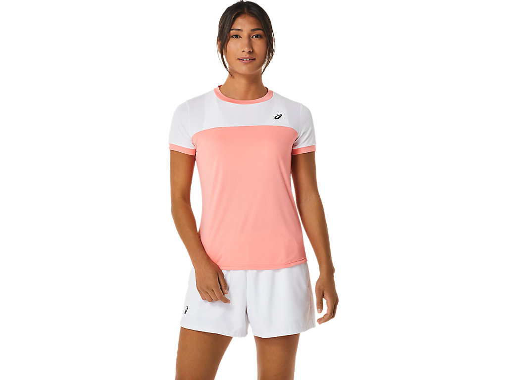 ASICS WOMEN COURT SS TOP, GUAVA/BRILLIANT WHITE, swatch