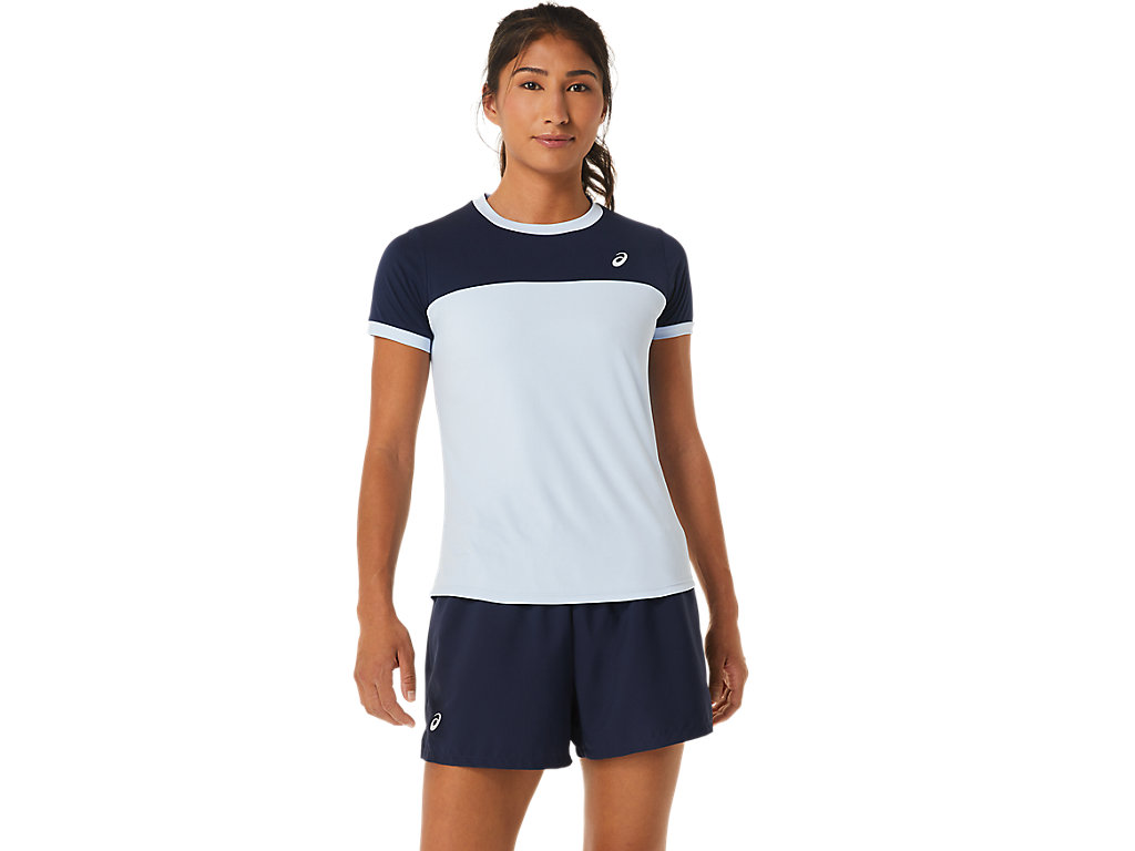 ASICS WOMEN COURT SS TOP, SOFT SKY/MIDNIGHT, swatch
