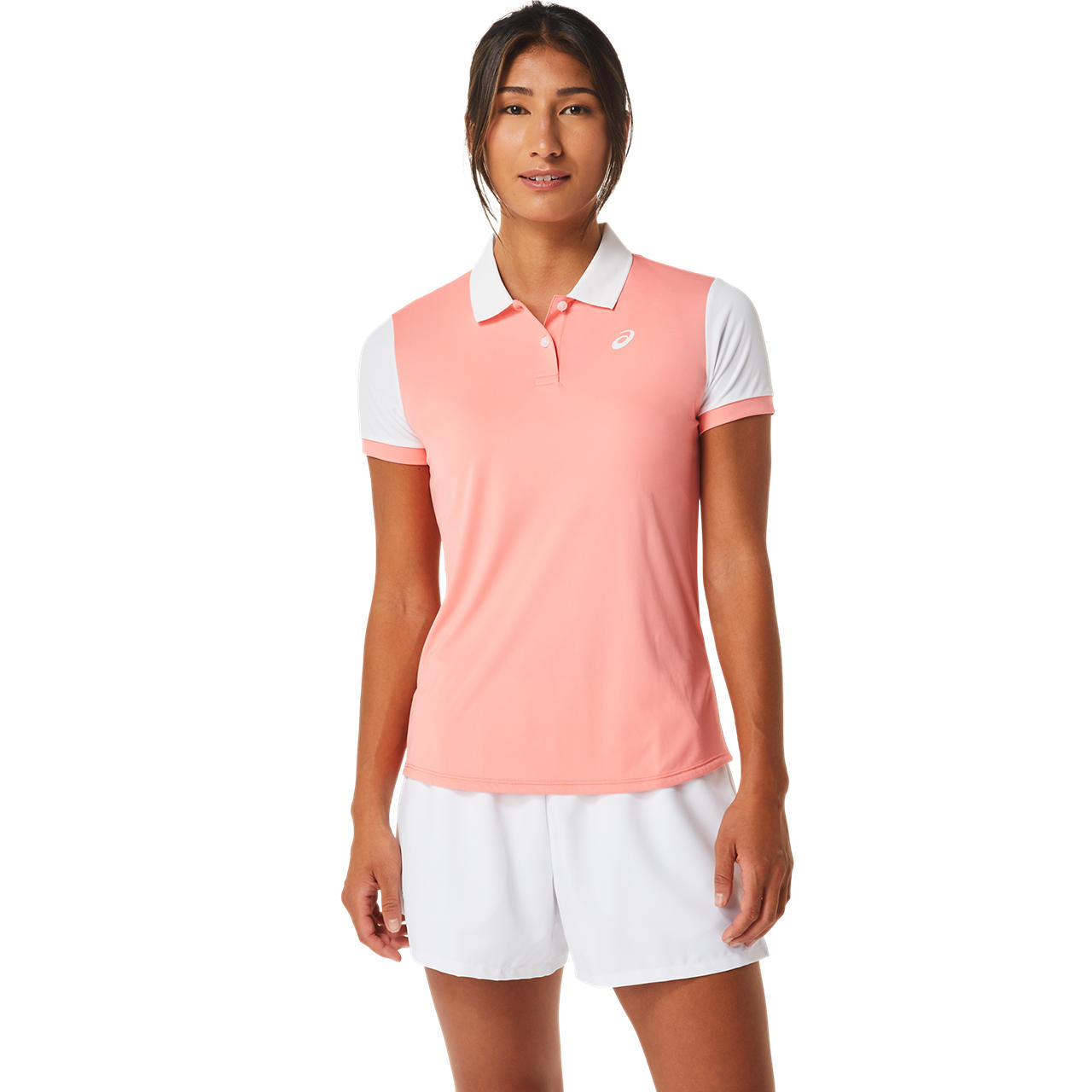 ASICS WOMEN COURT POLO-SHIRT, GUAVA/BRILLIANT WHITE, swatch