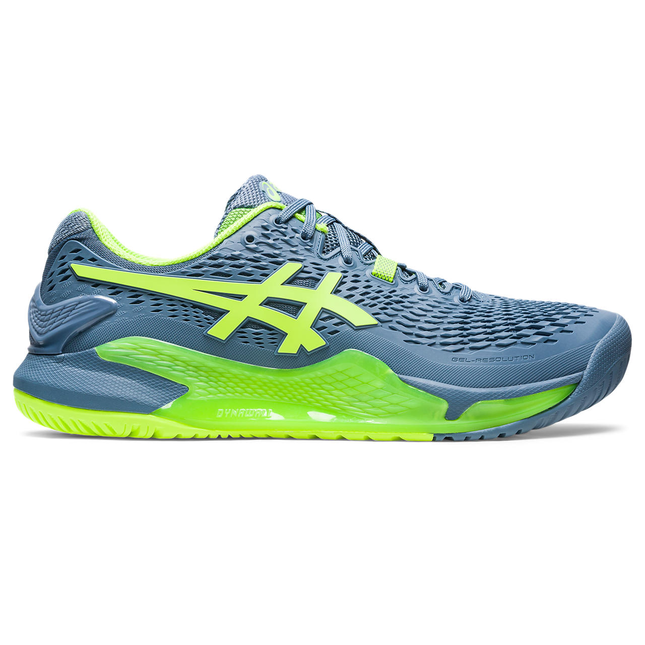 ASICS GEL-RESOLUTION 9, STEEL BLUE/HAZARD GREEN, swatch