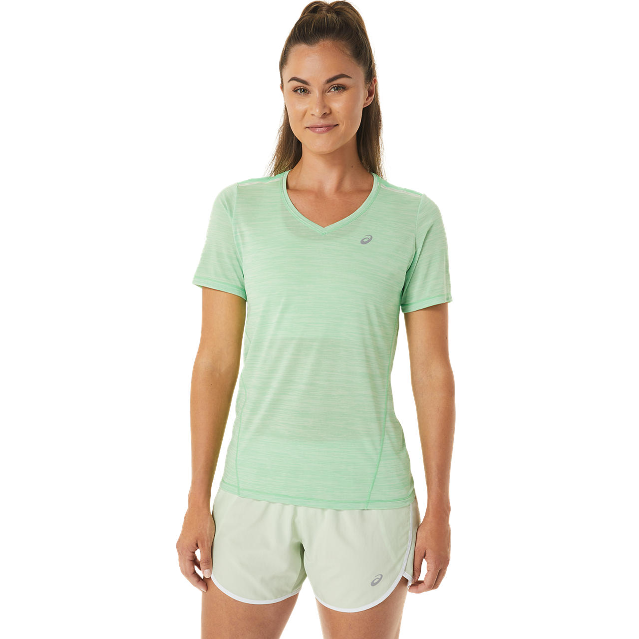 ASICS RACE V-NECK SS TOP, TOURMALINE/WHISPER GREEN, swatch