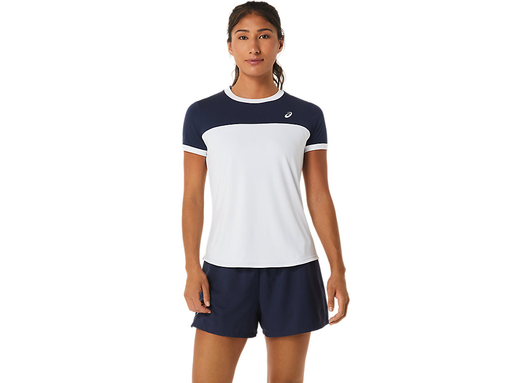 ASICS WOMEN COURT SS TOP, BRILLIANT WHITE/MIDNIGHT, swatch