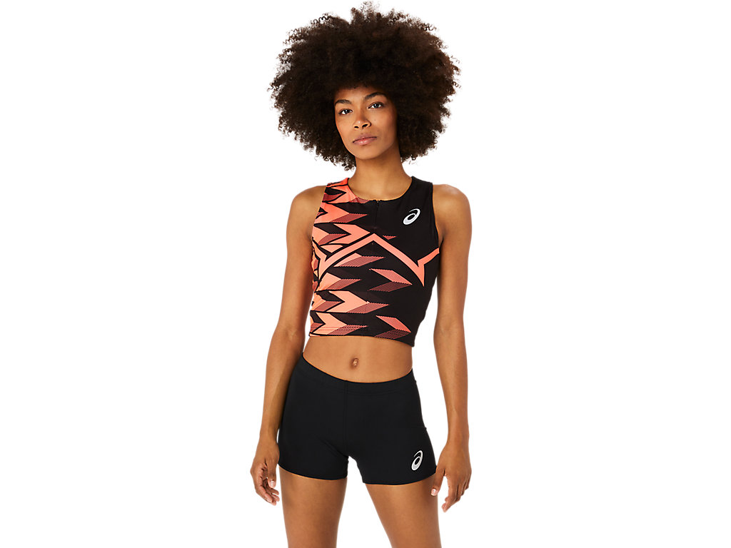 ASICS WOMEN TRACK CROPPED TOP, PERFORMANCE BLACK/SUNRISE RED, swatch
